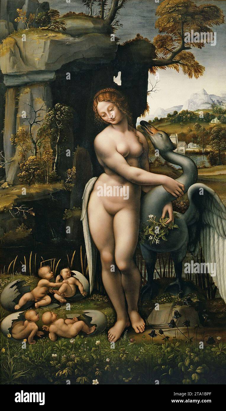 Leda e il cigno è un dipinto a tempera su tavola dei seguaci di Leonardo da Vinci Foto Stock