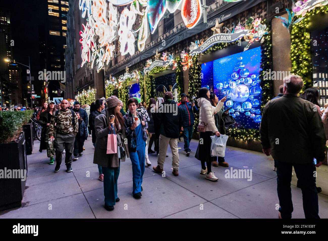 Migliaia di visitatori affollano Saks Fifth Avenue a New York per vedere la loro vetrina natalizia famosa in tutto il mondo e la collaborazione di Saks con Dior per il loro spettacolo di luci, mercoledì 22 novembre 2023 (© Richard B. Levine) Foto Stock