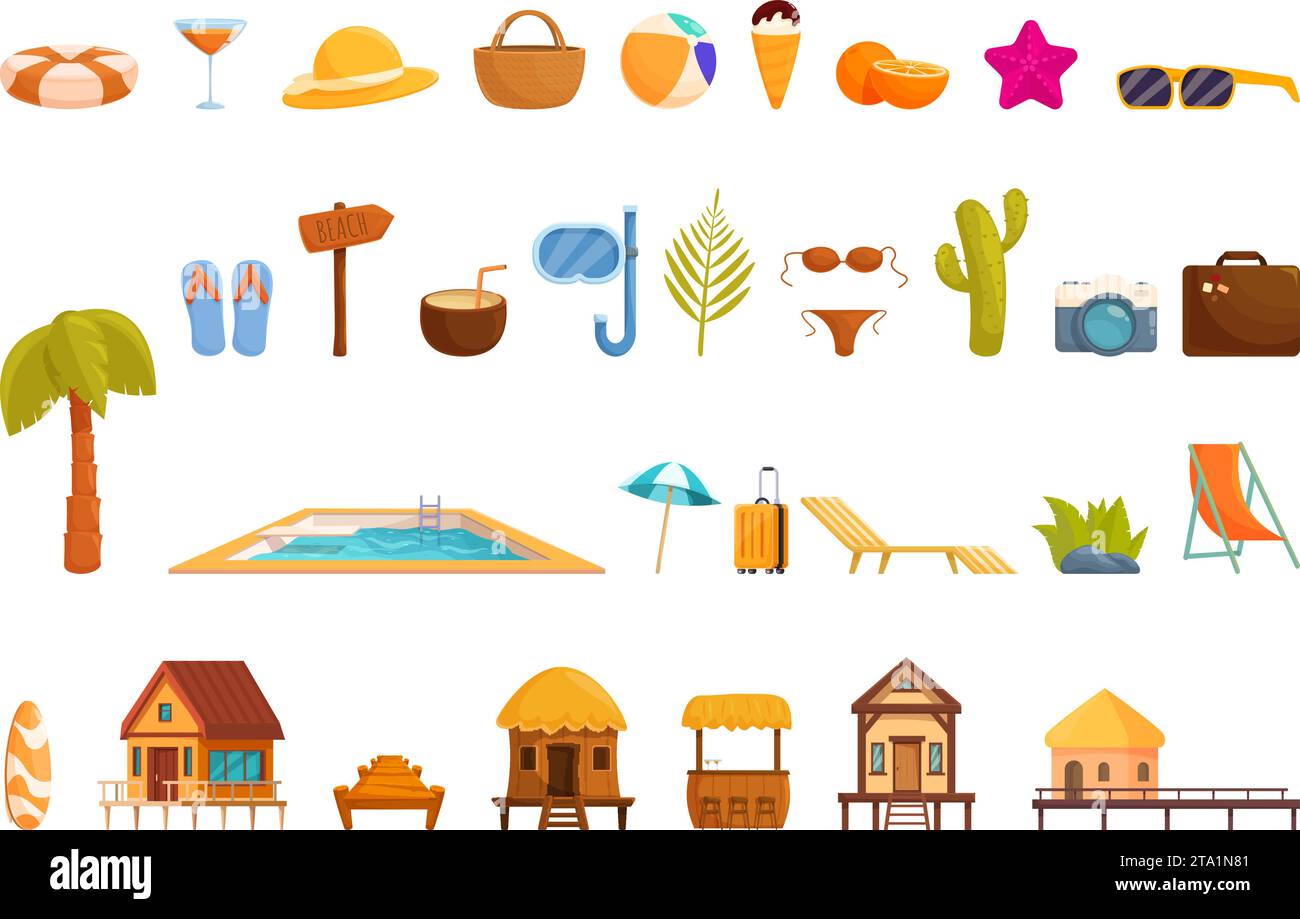 Le icone tropicali degli hotel propongono cartoni animati vettoriali. Villa sulla spiaggia. Esotico resort costiero Illustrazione Vettoriale