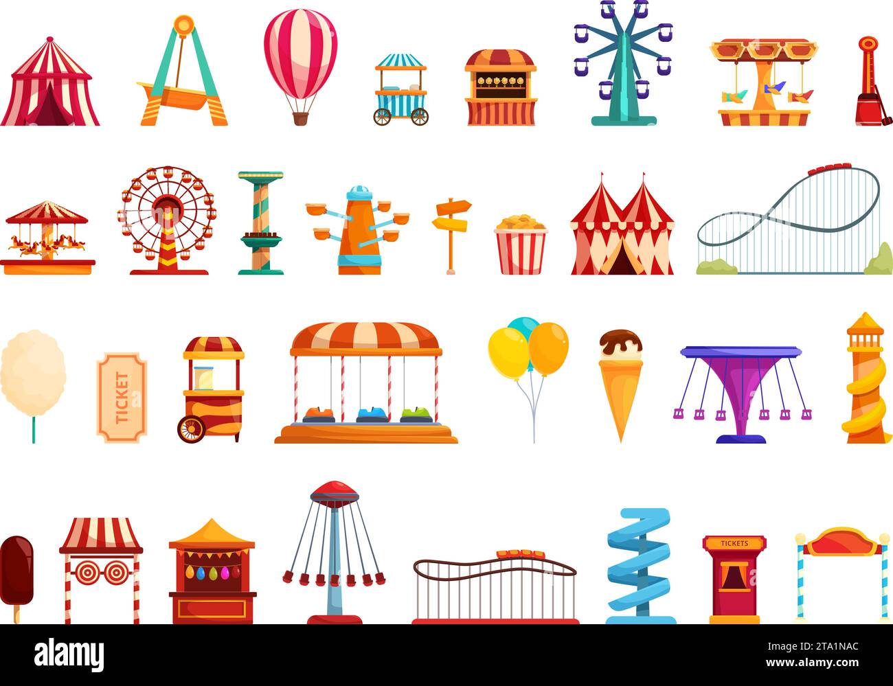 Le icone di Funfair impostano il vettore dei cartoni animati. Parco divertimenti. Carosello tenda circo Illustrazione Vettoriale