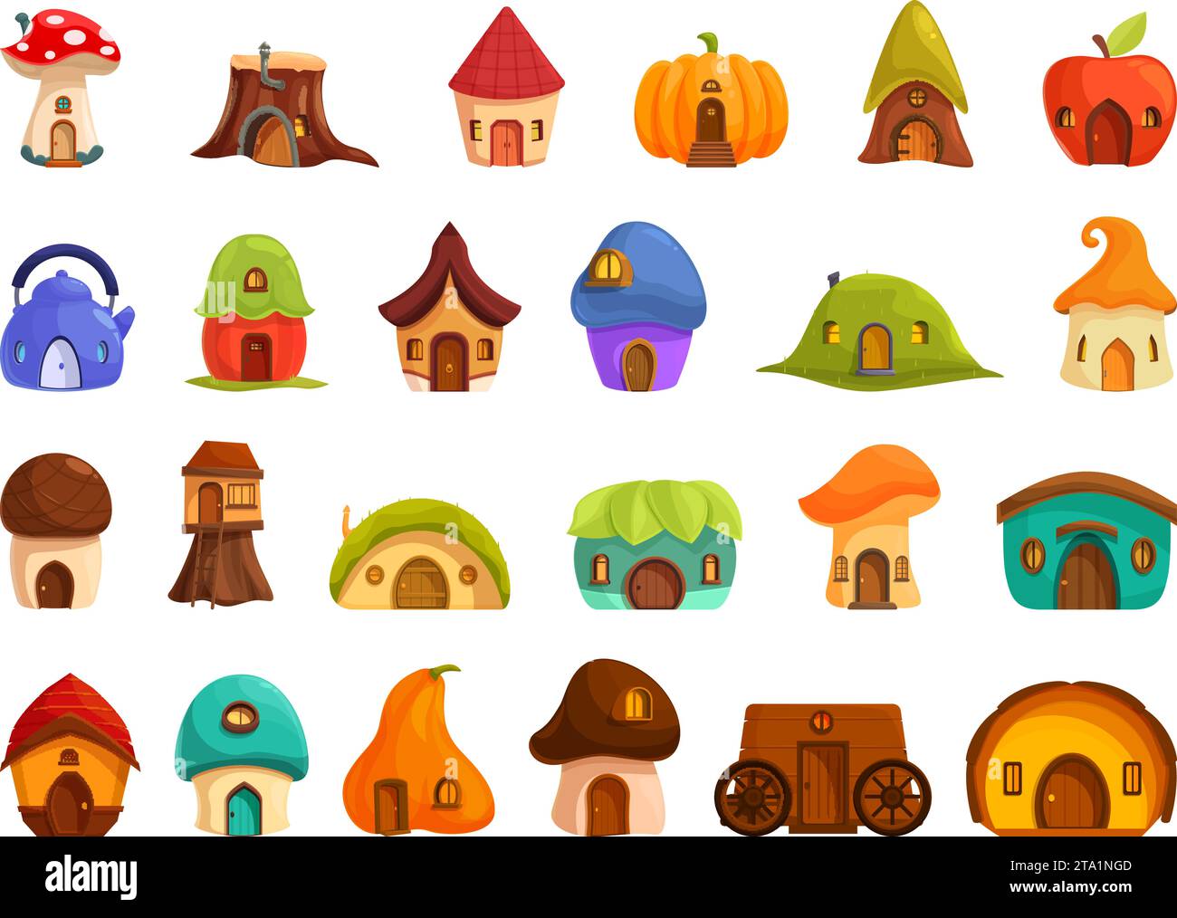 GNOME House icons imposta il vettore dei cartoni animati. Fiaba della foresta. Dimora in cottage Illustrazione Vettoriale