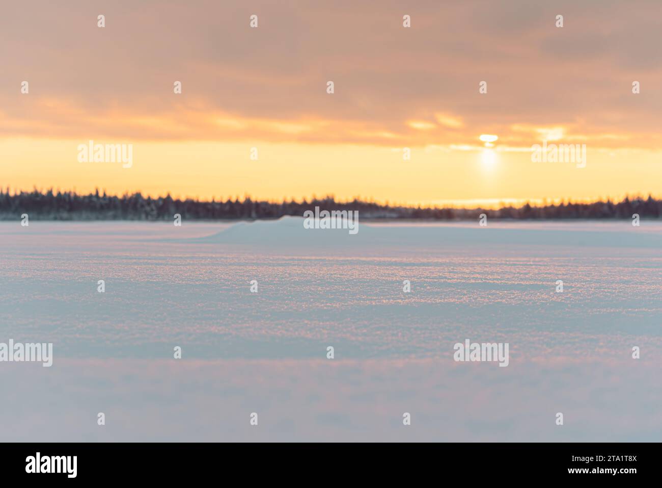 Paesaggio invernale con tramonto dorato e neve Foto Stock