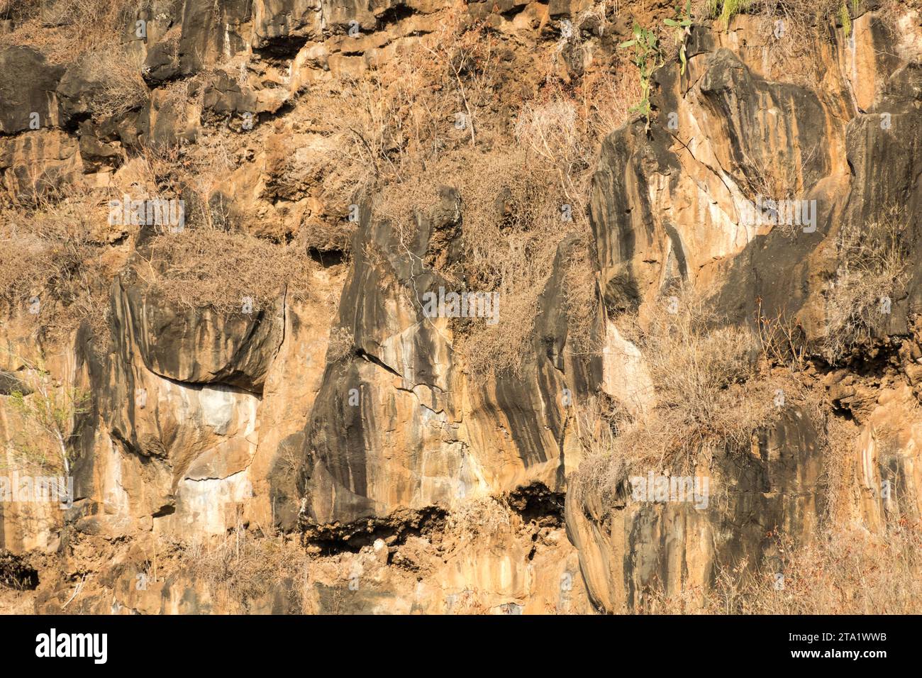 Parete di roccia color ocra, marrone e nero, St-Leu, Isola di Reunioin, Francia Foto Stock