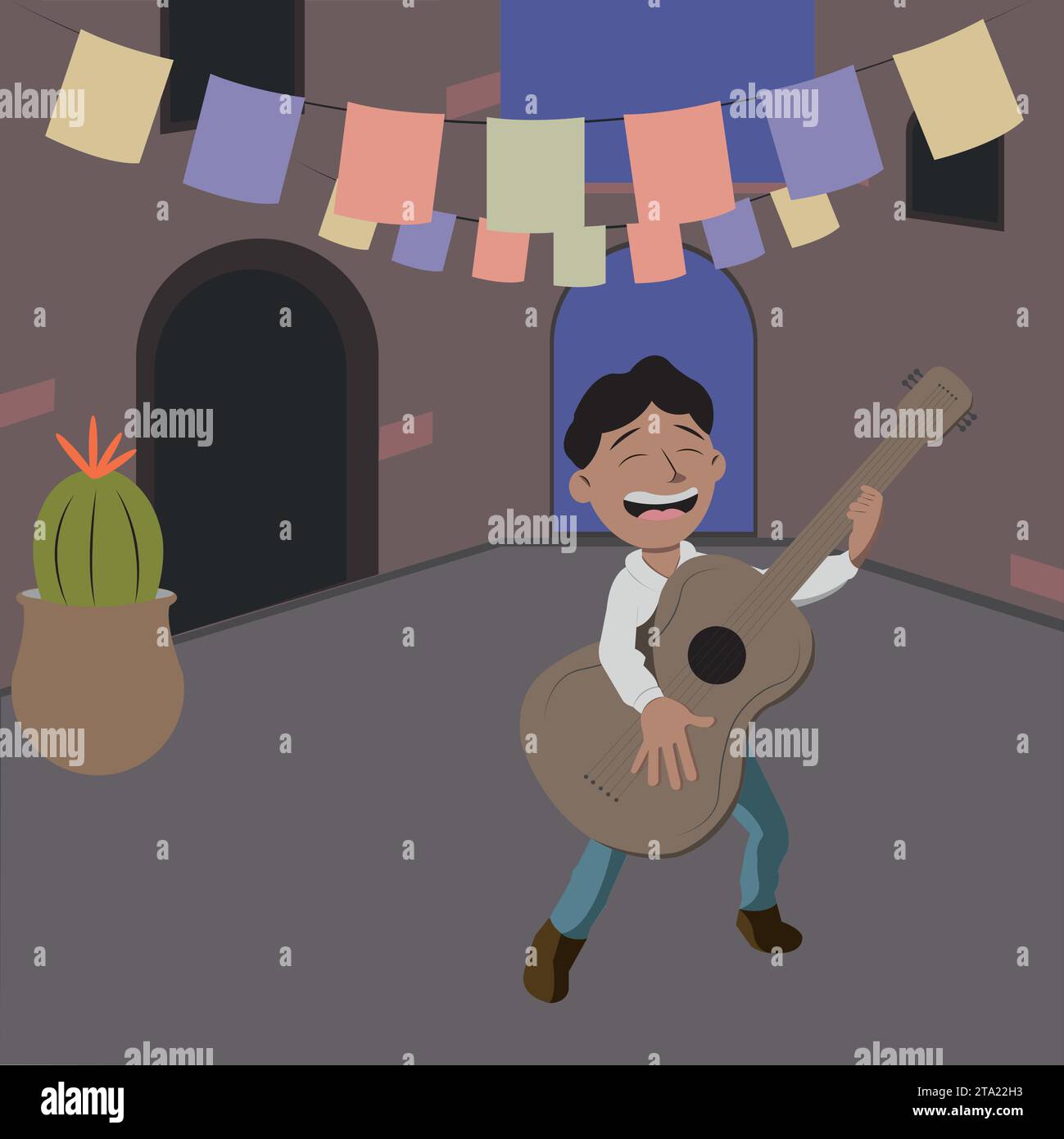 Buon cartone animato maschile che suona una chitarra Cinco de mayo Vector illustrazione Illustrazione Vettoriale