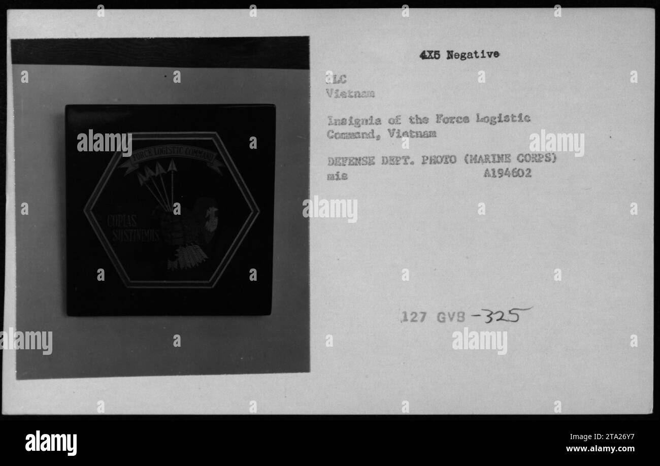 Un'immagine dell'insegna del comando logistico della forza (FLC) in Vietnam che mostra "COMANDO LOGISTICO DELLA FORZA VIETNAM" con l'acronimo "FLC" in alto. 4x5 negativo, foto del Dipartimento della difesa, documenta la logistica militare americana e le operazioni durante la guerra del Vietnam. Foto Stock