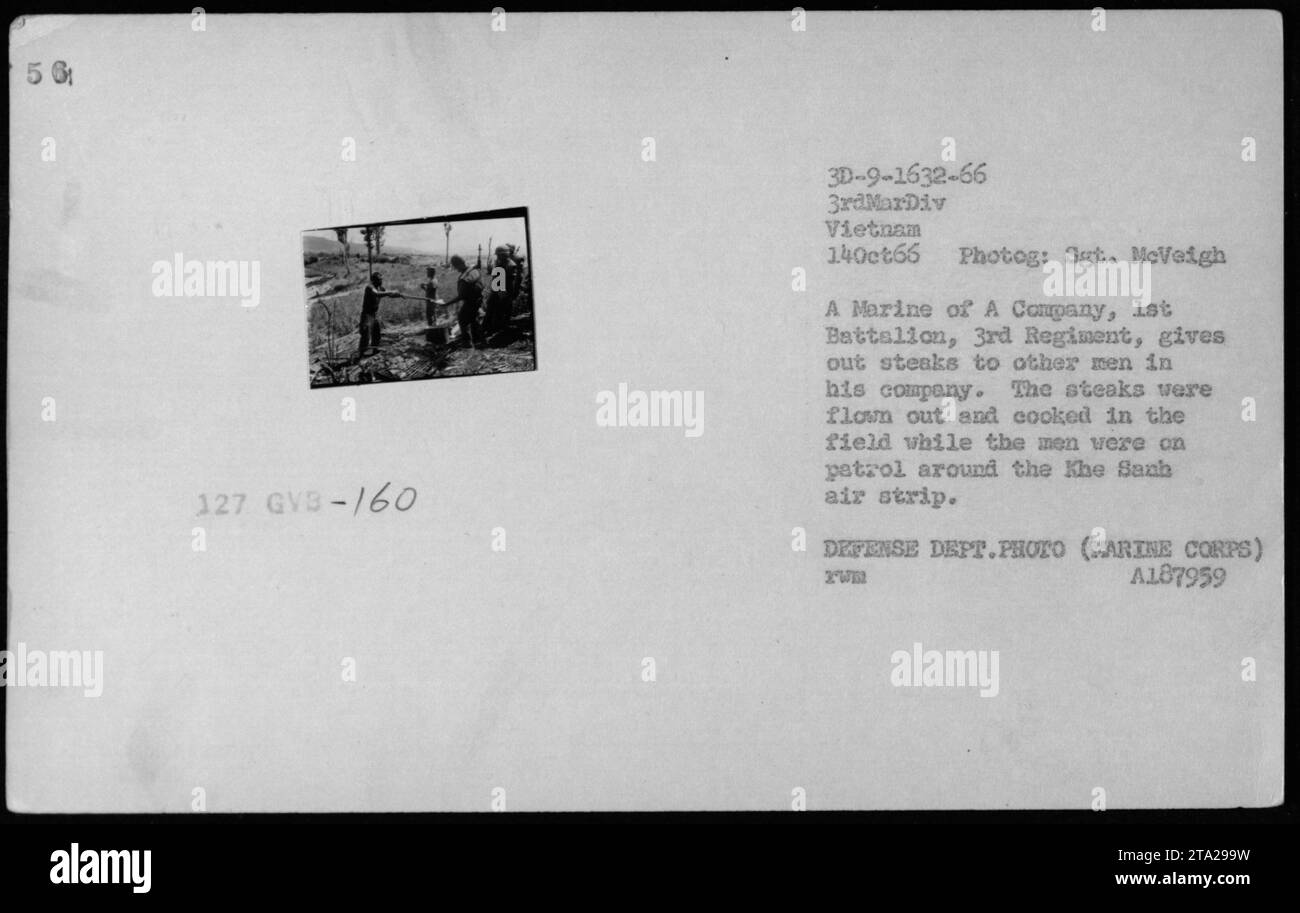 Marine in Vietnam durante la guerra del Vietnam condividendo bistecche con i compagni di servizio. Le bistecche furono portate sul campo e cotte mentre le truppe erano in pattuglia vicino alla pista aerea di Khe Sanh. Fotografia scattata il 14 ottobre 1966 dal sergente McVeigh della 3rd Marine Division. Foto Stock