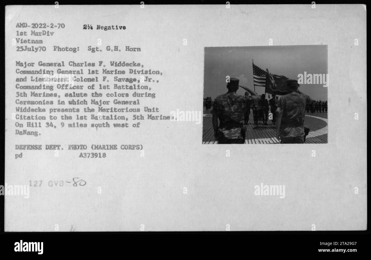 Il maggiore generale Charles F. Widdecke, comandante generale della 1st Marine Division, e tenente colonnello F., Savage Jr., comandante del 1st Battalion, 5th Marines, saluta i colori durante le cerimonie alla Collina 34, 9 miglia a sud-ovest di Danang. La cerimonia include la presentazione della Meritorious Unit Citation al 1° Battaglione, 5° Marines. Fotografia scattata il 25 luglio 1970 dal sergente G.H. Horn. Foto del dipartimento difesa." Foto Stock