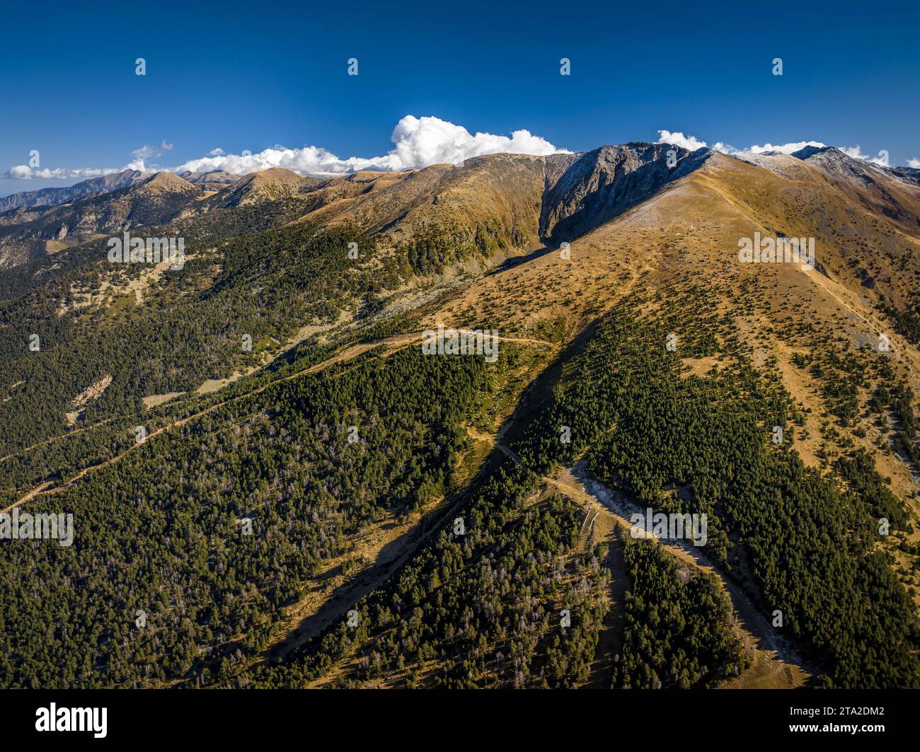 Veduta aerea del monte Cambradase (o Cambredaze) in autunno (Haute Cerdagne, Pyrénées-Orientales, Occitania, Francia) ESP: Vista aérea del Cambredase Foto Stock