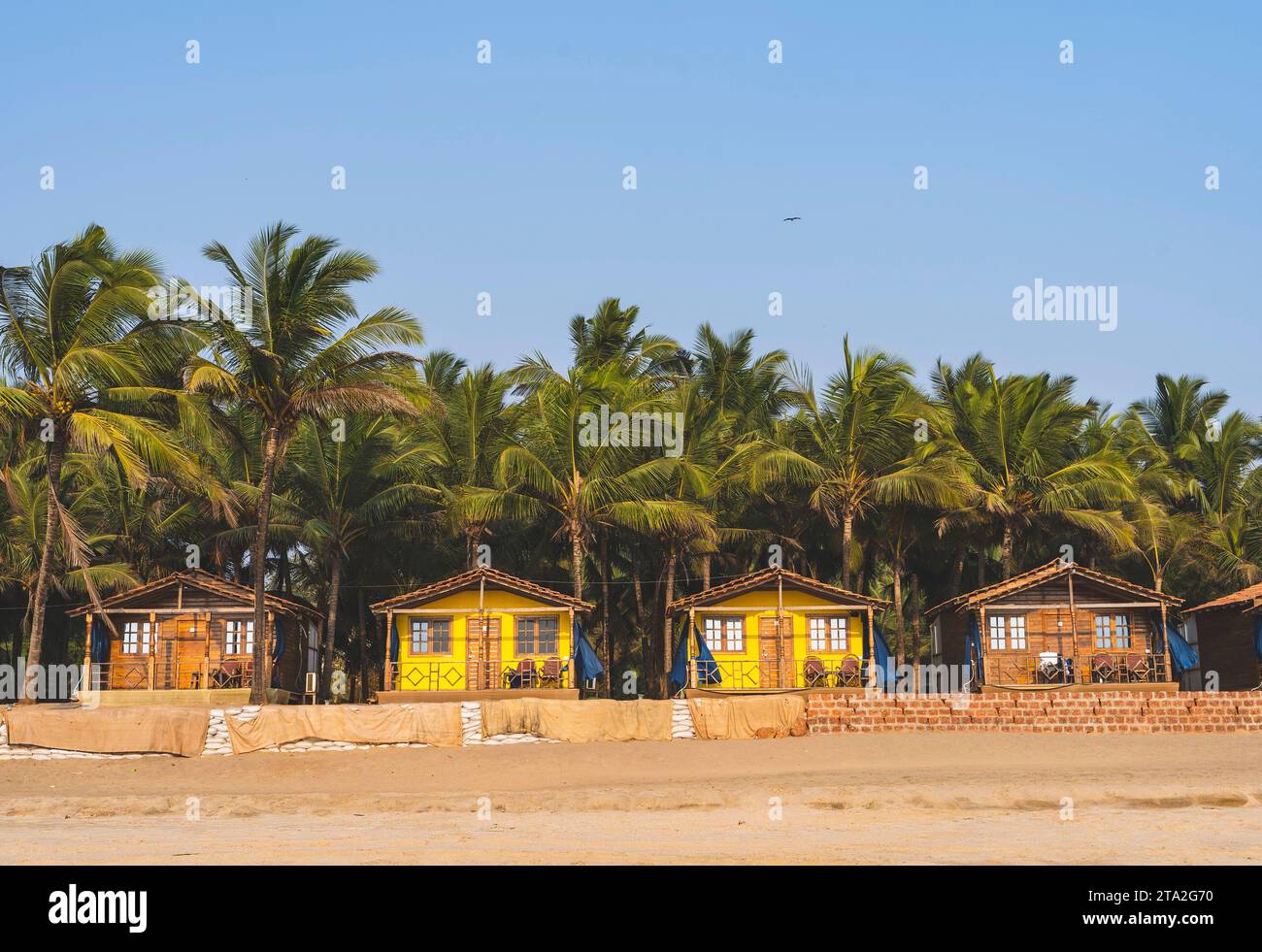 Capanne colorate sulla spiaggia di Agonda con palme a Goa, India Foto Stock