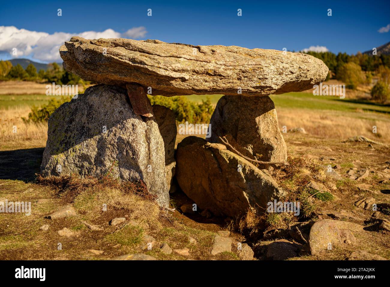 Dolmen di Els Pasquerets o de la Borda, sulla rotta megalitica di Eyne (Haute Cerdagne, Pyrenees-Orientales, Occitania, Francia) Foto Stock