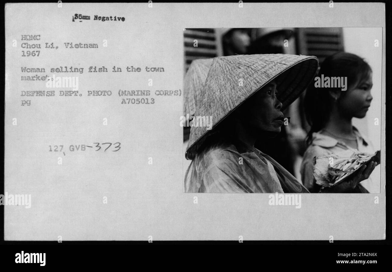 Una donna vietnamita vende pesce in un mercato cittadino a Chou li, in Vietnam, nel 1967. Questa fotografia, scattata durante la guerra del Vietnam, cattura un assaggio della vita civile tra le attività militari. Per gentile concessione del Dipartimento della difesa. (CORPO DEI MARINES) A705013 PG 127 GVB-373. Foto Stock