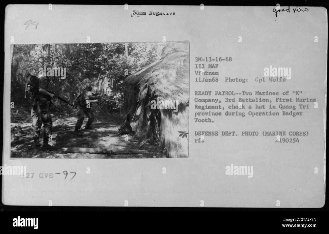 I Marines della compagnia K, 3rd Battalion, 1st Marine Regiment controllano una capanna durante una pattuglia pronta l'11 gennaio 1968, nella provincia di Quang Tri durante l'operazione Badger Tooth in Vietnam. Foto Stock