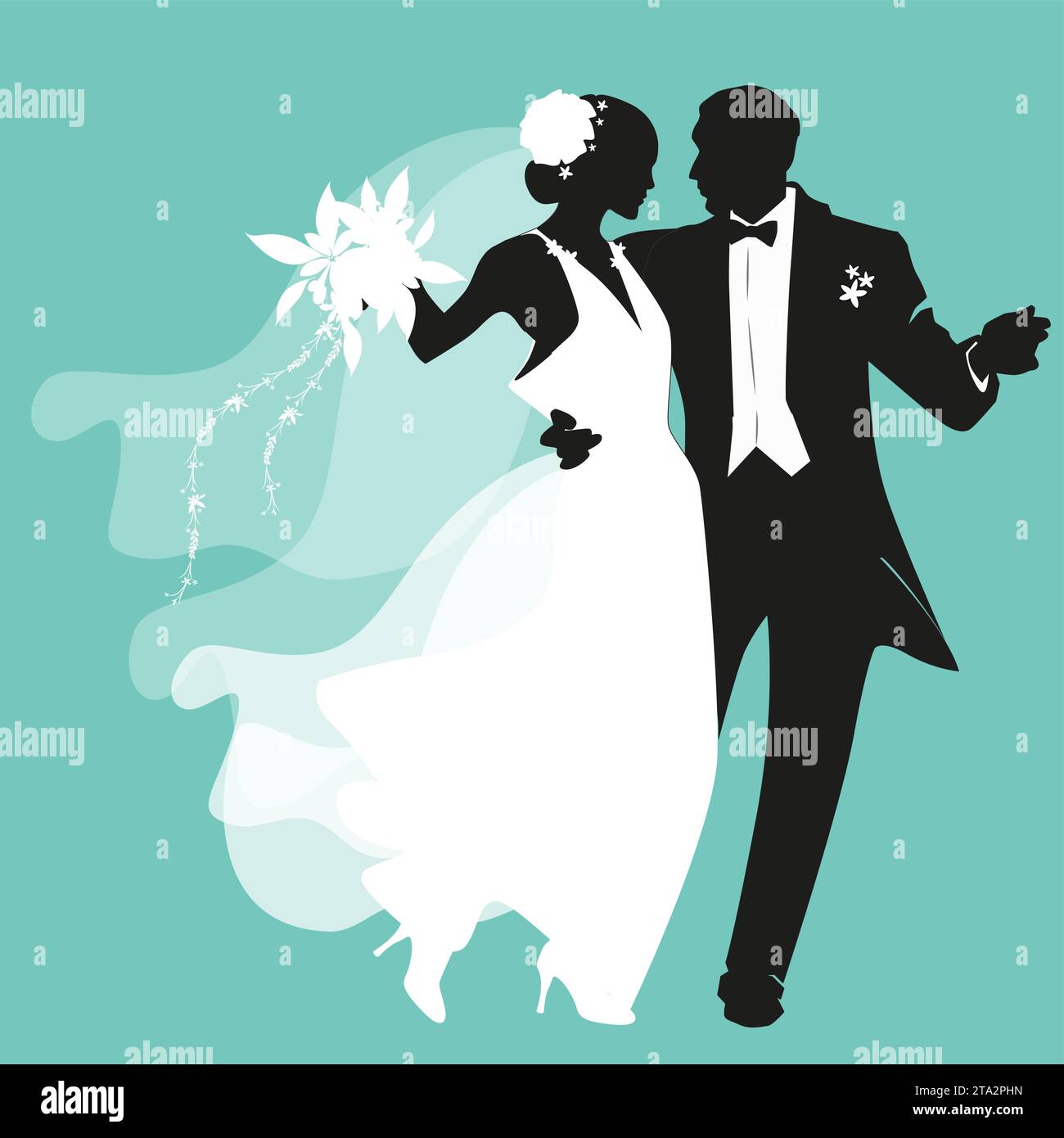 Silhouette di un'elegante coppia di nozze che danzano in stile retrò. Sposa che indossa un abito lungo e velo sulla testa, sposo che indossa un cappotto. Illustrazione Vettoriale