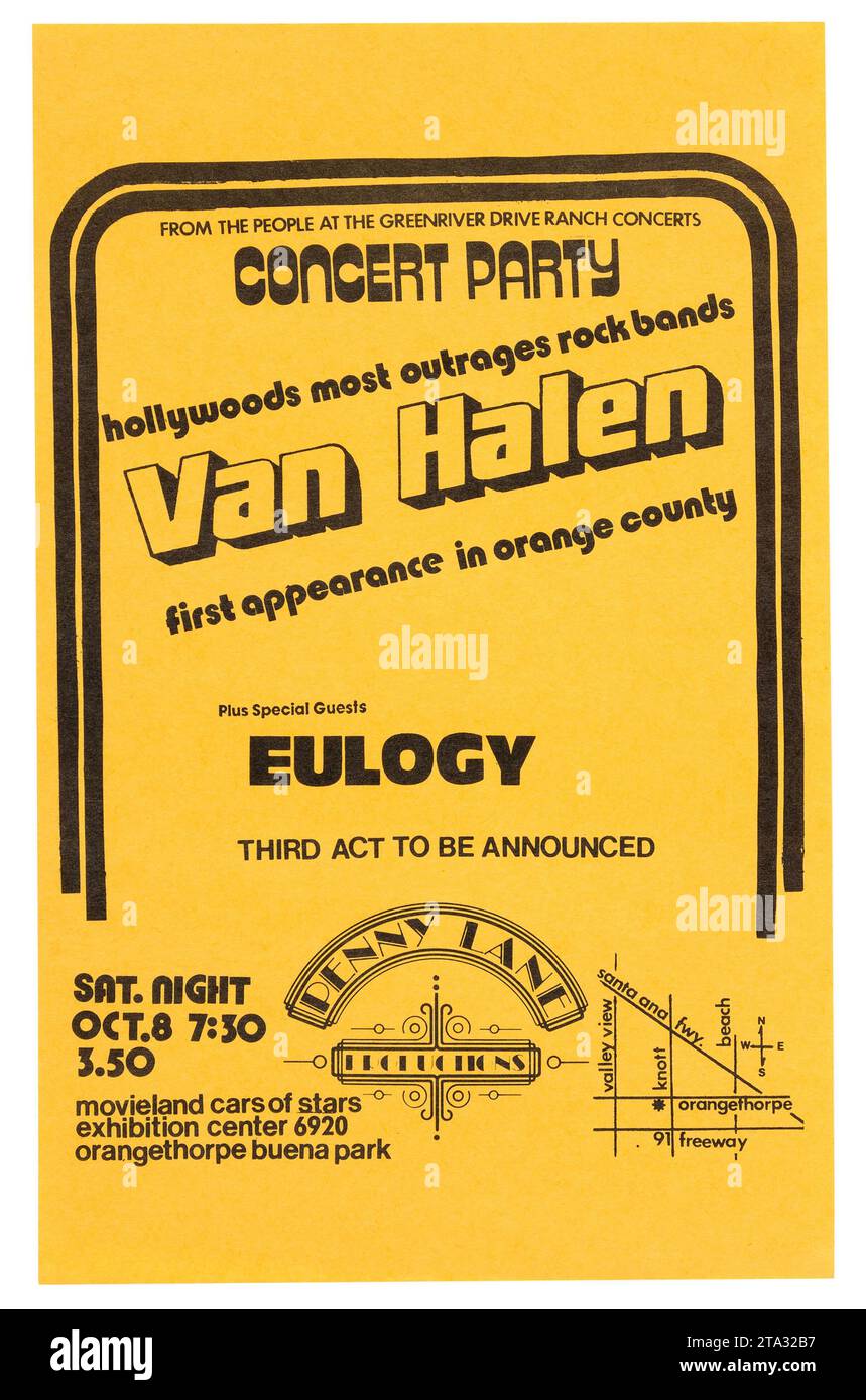 Van Halen Movieland Cars of Stars Exhibition Center Concert Handbill (1977) - Hollywoods la maggior parte delle band rock indignate - Orange County - Penny Lane Productions Foto Stock
