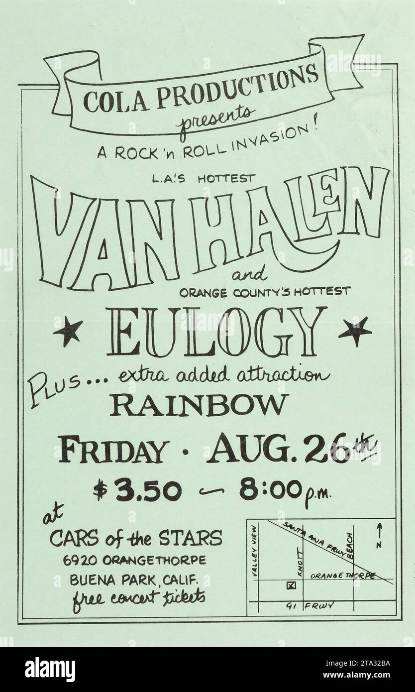 Van Halen, Eulogy, Rainbow Cars of the Stars Concert Handbill (1977). Foto Stock