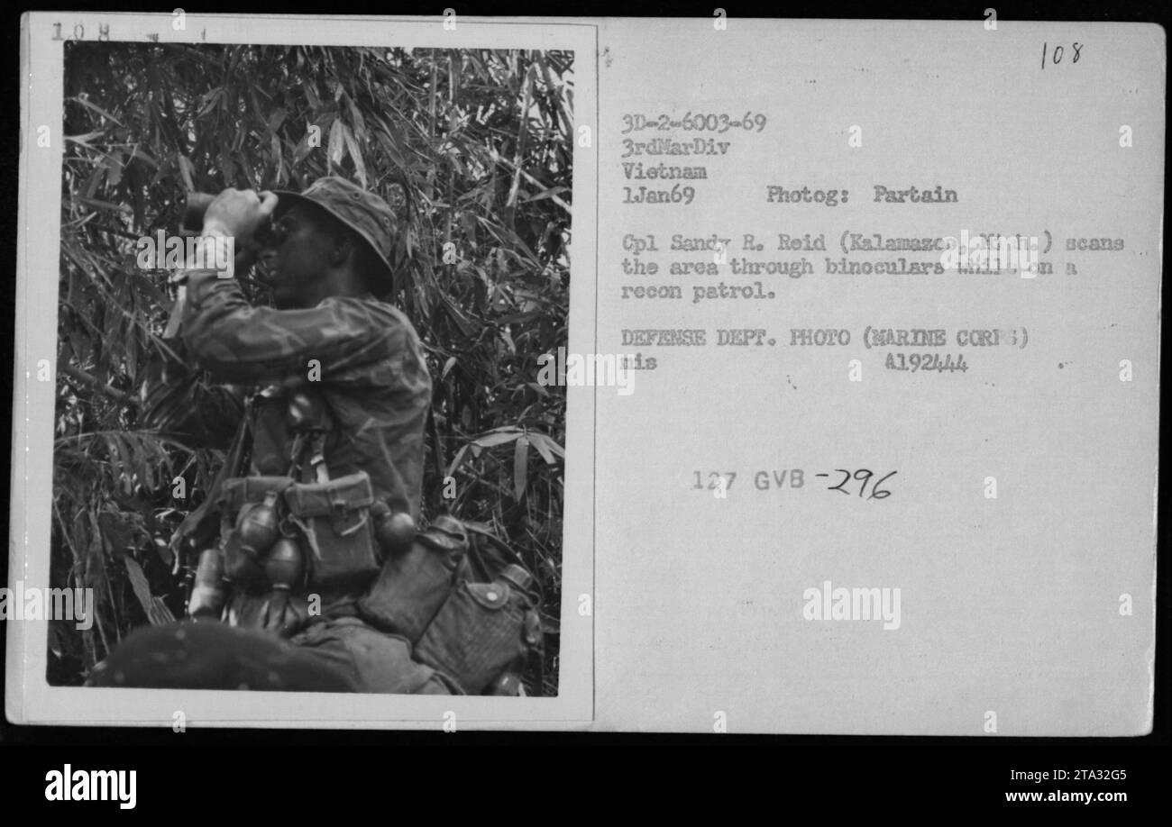 Il caporale Sandy R. Reid di Kalamazoo, Michigan, può essere visto in questa fotografia che conduce la ricognizione il 1 gennaio 1969, in Vietnam. Scansiona l'area usando un binocolo mentre è in ricognizione con la 3rd Marine Division. La foto è stata scattata da Photog: Partain, ed è parte della collezione del Dipartimento della difesa. Foto Stock