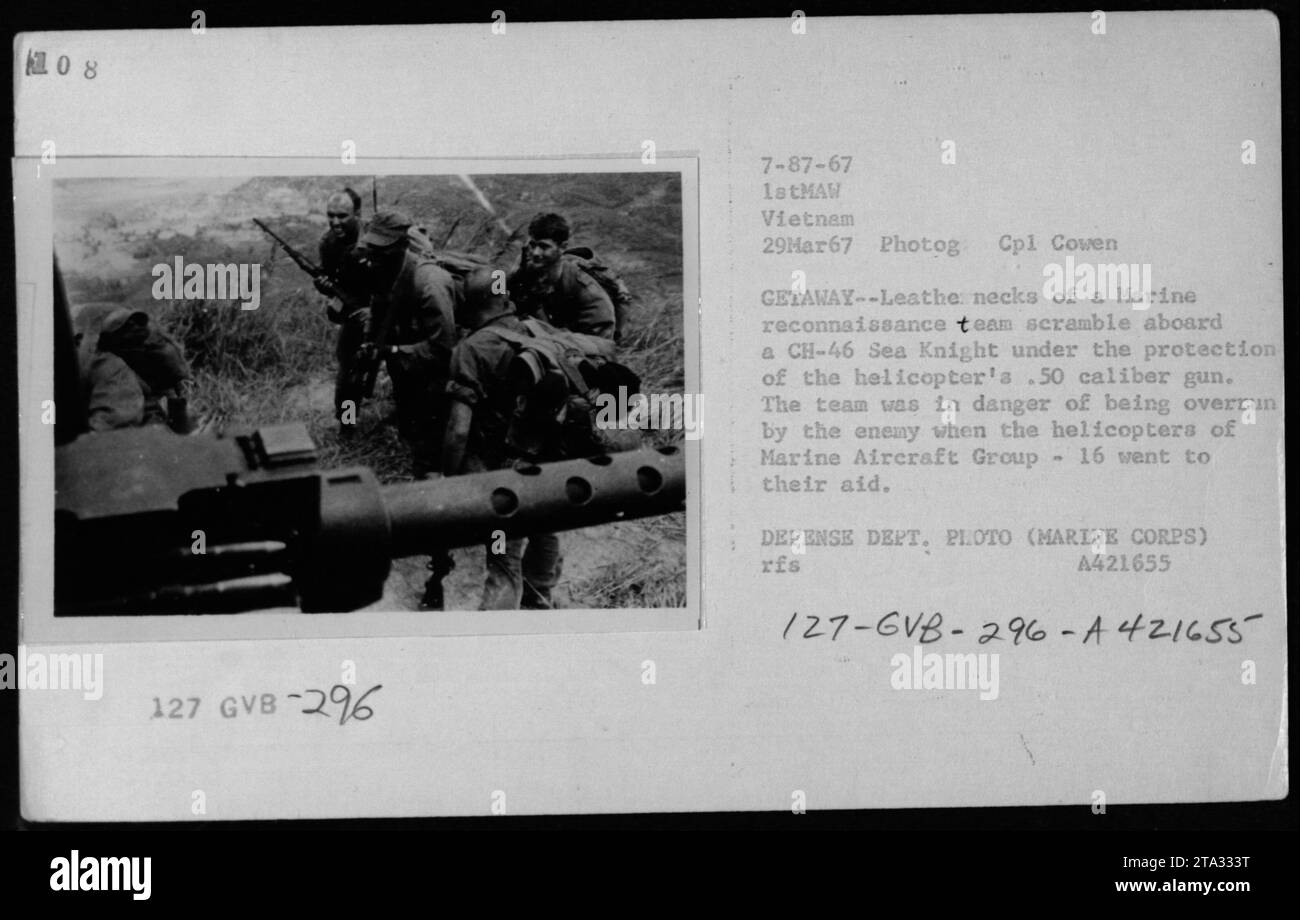 I membri della squadra di ricognizione marina, noti come "Leathernecks", si precipitano su un elicottero CH-46 Sea Knight per sfuggire all'inseguimento nemico durante un'operazione militare in Vietnam il 29 marzo 1967. Il cannone calibro .50 dell'elicottero fornisce copertura e protezione per la squadra. Marine Aircraft Group 16 ha schierato elicotteri per assistere la squadra in pericolo. Questa foto è stata scattata dal caporale Cowen per il Dipartimento della difesa. Foto Stock