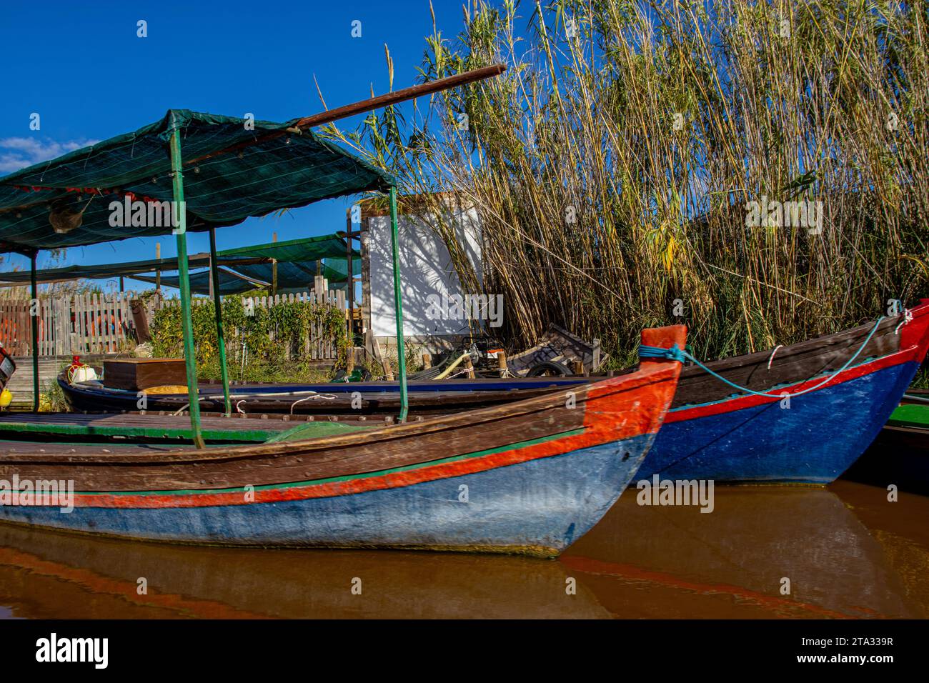 Barche colorate nel lago Albufera vicino a Valencia, Spagna Foto Stock