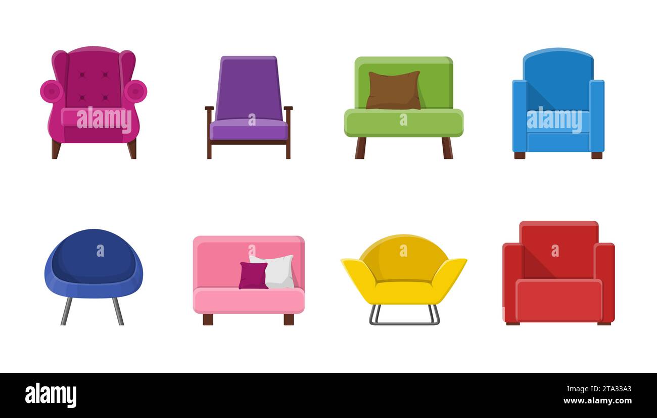 Set di diverse poltrone. Collezione di posti a sedere in stile piatto. Splendidi elementi di design: Arredi classici, retrò o moderni. Illustrazione Vettoriale