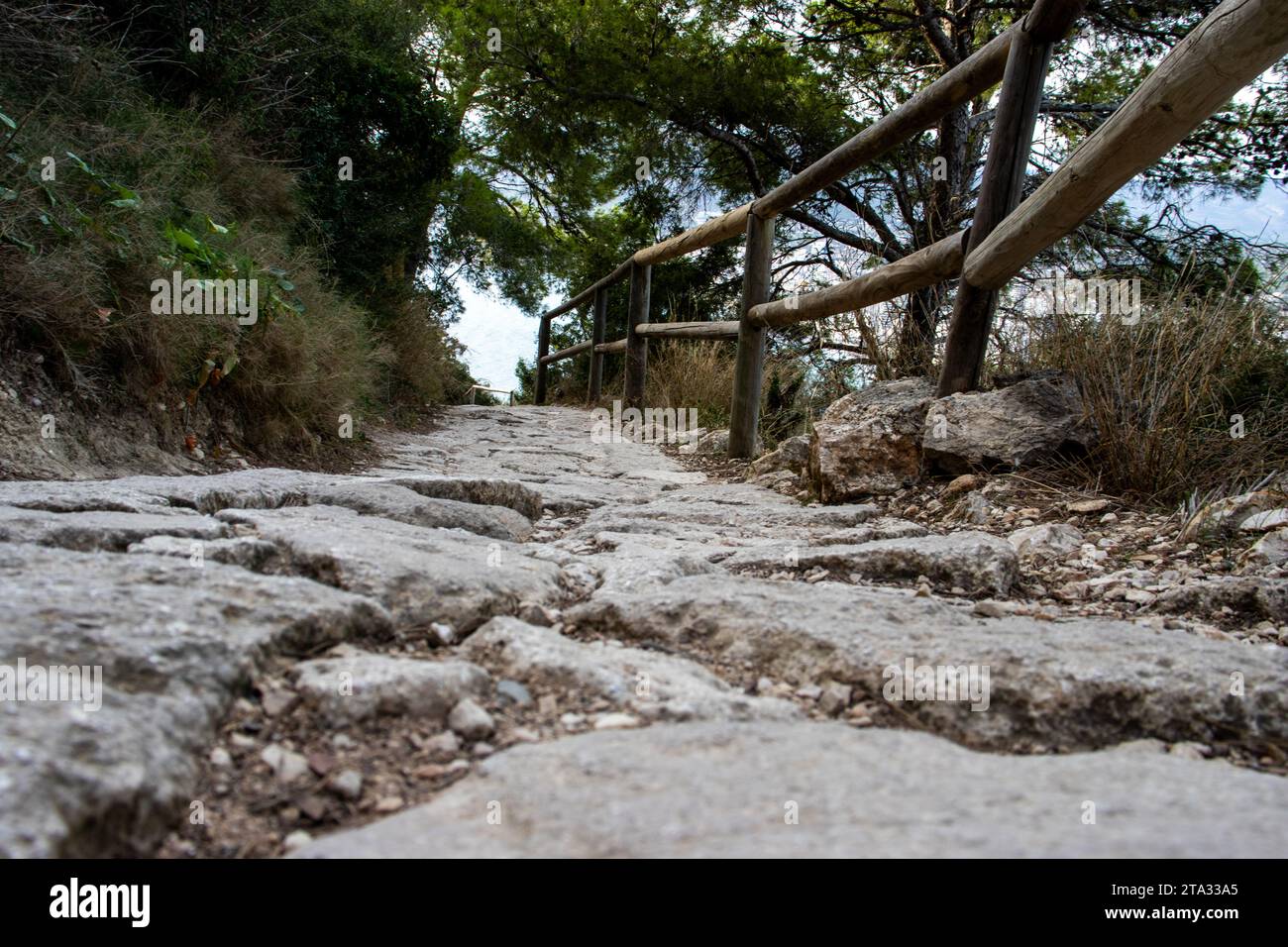 Sentiero roccioso di montagna che conduce al monte Ifach a Calpe, Spagna Foto Stock