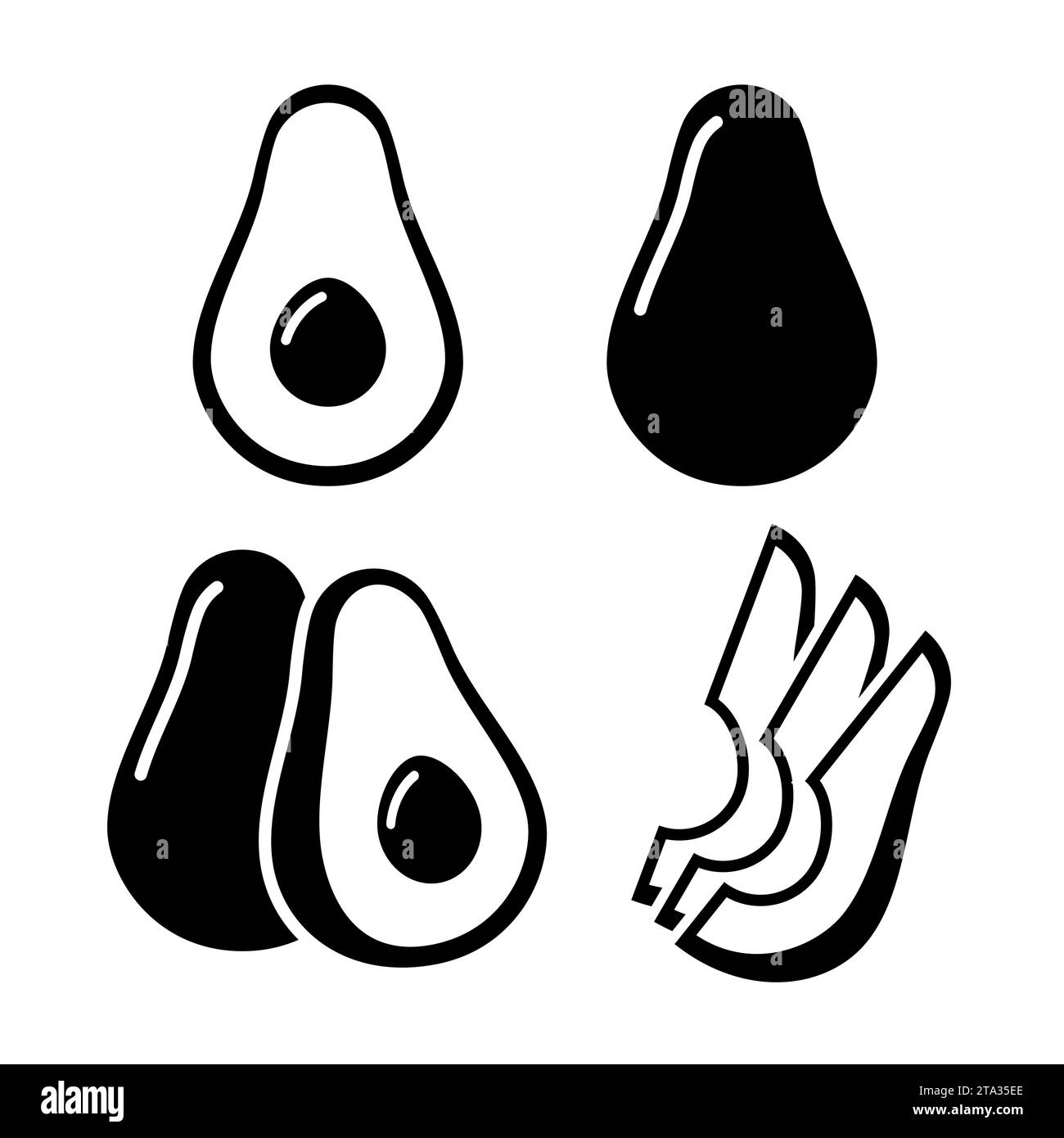 Icone del set di avocado isolate su sfondo bianco. Frutta o verdura intera, metà, fette, con semi grandi. Frutta estiva per uno stile di vita sano. Illustrazione Vettoriale