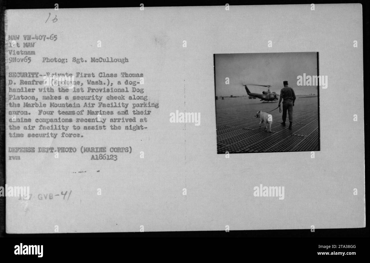 Una prima classe privata di nome Thomas D. Renfrew, proveniente da Spokane, Washington, era un addestratore di cani con il 1st Provisional Dog Platoon il 9 novembre 1965. La fotografia lo cattura mentre conduce un controllo di sicurezza sul piazzale del parcheggio della struttura aerea di Marble Mountain. Questa nuova aggiunta di quattro squadre di Marines e dei loro compagni canini fu dispiegata per rafforzare la forza di sicurezza notturna. Questa foto è un'immagine ufficiale del Dipartimento della difesa del corpo dei Marines degli Stati Uniti. Foto Stock