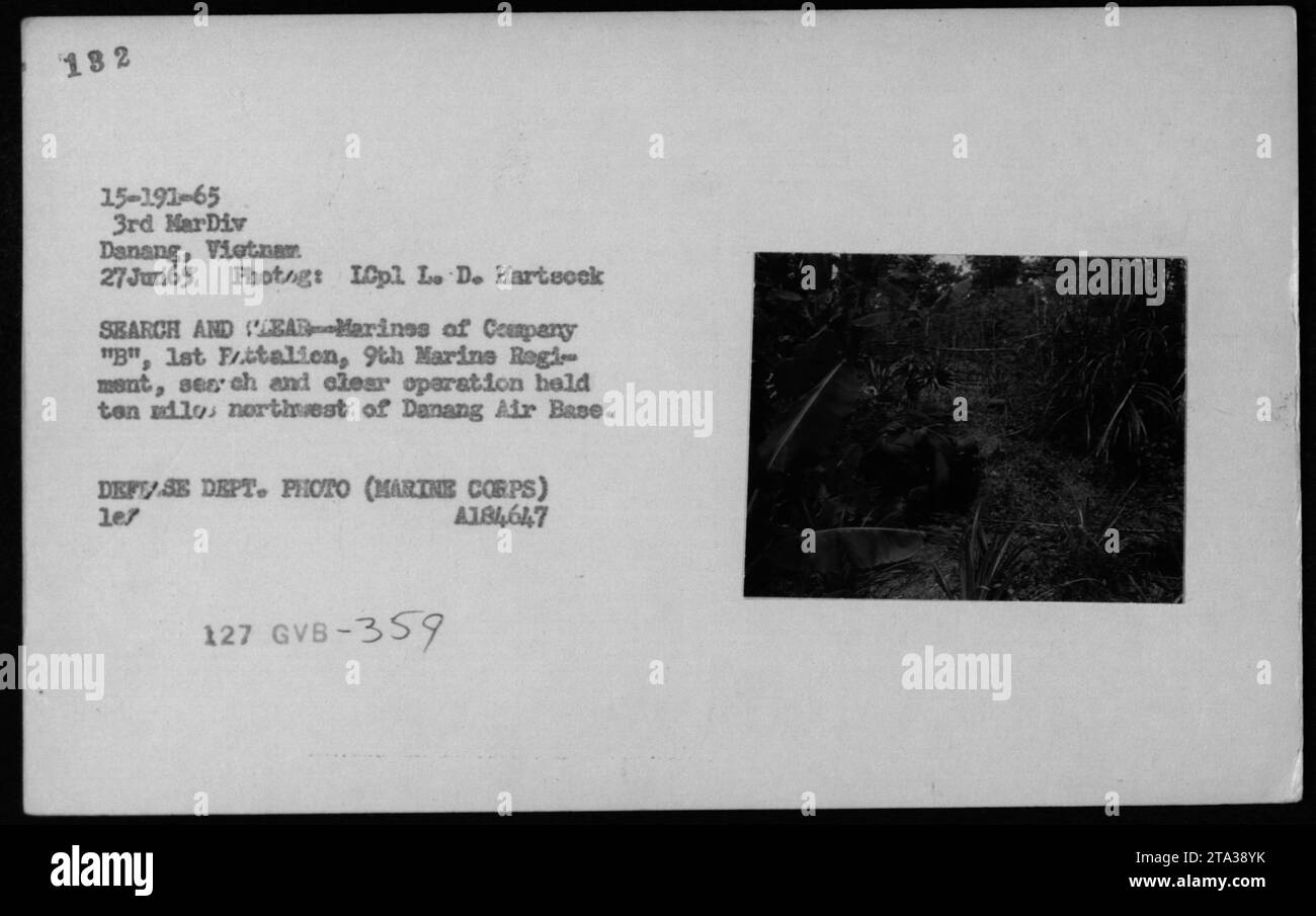 Marines appartenenti alla compagnia "B", 1st Battalion, 9th Marine Regiment, che conduceva un'operazione di ricerca e sdoganamento, situata a 10 miglia a nord-ovest della base aerea di Danang il 27 giugno 1965. I Marines stavano cercando tunnel e grotte Viet Cong come parte dei loro sforzi durante la guerra del Vietnam. Questa fotografia in bianco e nero è stata scattata da ICpl L. D. Hartsock ed è una foto ufficiale del Dipartimento della difesa (corpo dei Marines) con il numero di catalogo A184647. Foto Stock