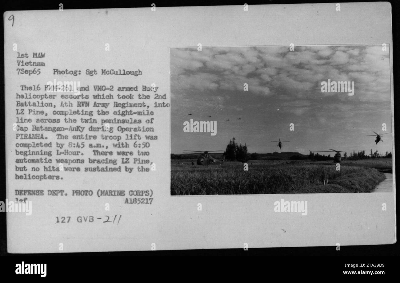 7 settembre 1965: In questa foto scattata dal sergente McCullough, si vedono elicotteri Huey armati da HMM-261 e VMO-2 scortare il 2nd Battalion del 4th RVN Army Regiment a LZ Pine durante l'operazione PIRANHA in Vietnam. Il sollevamento truppe fu completato entro le 8:45, senza colpi sostenuti dagli elicotteri nonostante due armi automatiche che sorreggevano LZ Pine. Questa immagine è del Dipartimento della difesa (corpo dei Marines) A185217. Foto Stock