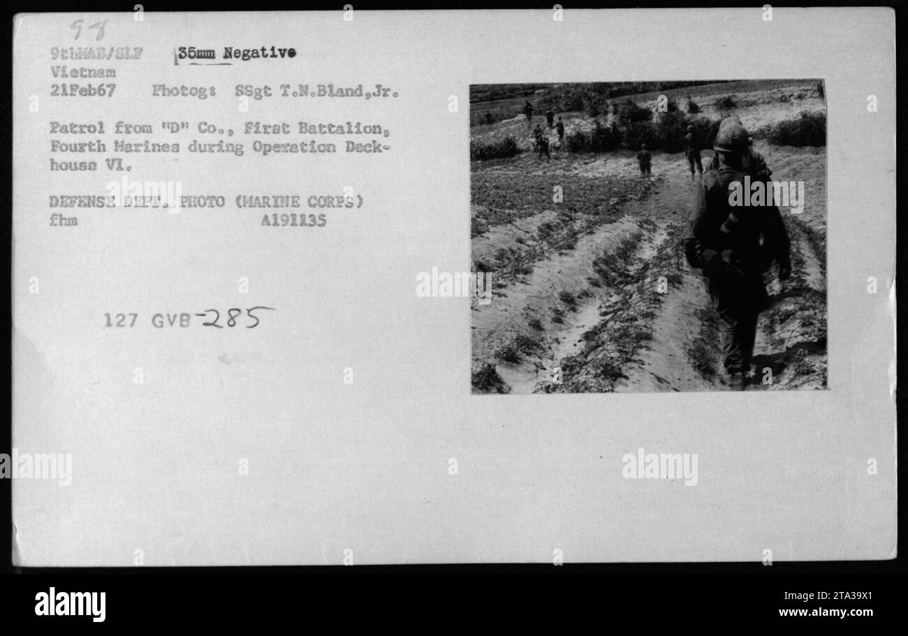 Marines di 'D' Co., First Battalion, Fourth Marines, che conducono una pattuglia durante l'operazione Deckhouse vi Questa foto, scattata il 21 febbraio 1967, mostra i soldati che lavoravano sul campo durante la guerra del Vietnam. L'immagine è stata catturata da SSgt T.N. Bland Jr. Del 9thMAB/SLF 35mm negativo Vietnam. Foto Stock