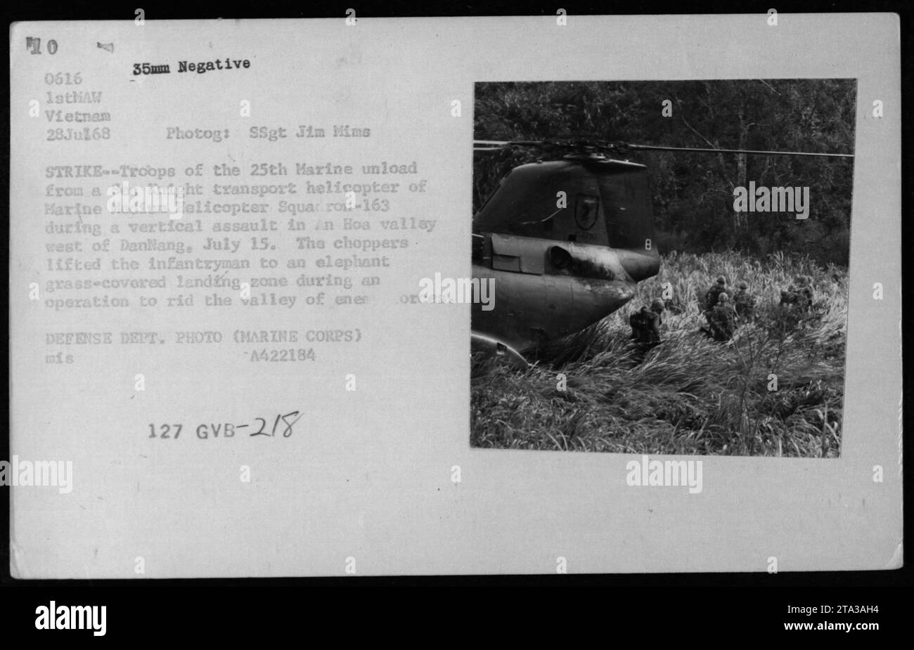 Le truppe del 25th Marine Battalion sbarcano da un elicottero CH-46 Sea Knight durante un assalto verticale nella Hoa Valley a ovest di Danang, Vietnam, il 15 luglio 1968. Foto Stock