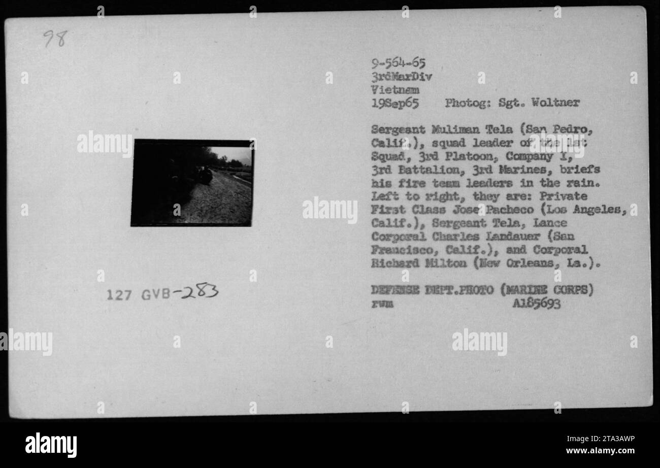 Sergente Muliman Tela, capo squadra della 1st Squad, 3rd Platoon, compagnia i, 3rd Battalion, 3rd Marines, informare i leader della sua squadra di vigili del fuoco sotto la pioggia durante una pattuglia il 19 settembre 1965 in Vietnam. Nella foto da sinistra a destra ci sono il soldato Jose Pacheco, il sergente Tela, il caporale Charles Landauer e il caporale Richard Milton. Foto scattata dal sergente Woltner. (CORPO DEI MARINES) A185693 ZUB. Foto Stock