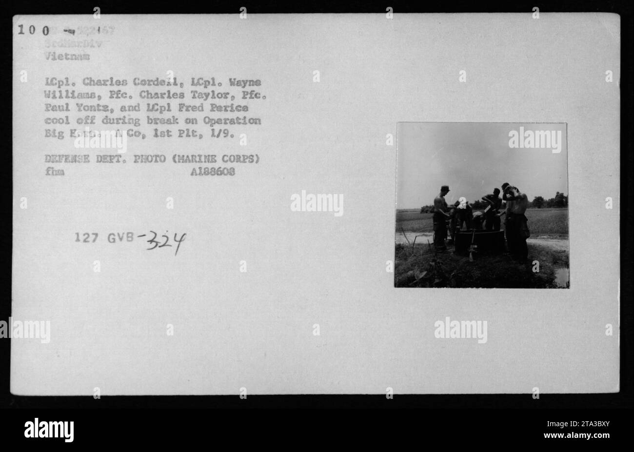 I soldati fanno una pausa dall'operazione Big Horn per rinfrescarsi e rilassarsi. LCpl. Charles Cordell, LCpl. Wayne Williams, PFC. Charles Taylor, PFC. Paul Yontz e Fred Perice sono raffigurati mentre si godono le docce e le attività igieniche personali durante il loro periodo di inattività. Questa foto è stata scattata in Vietnam durante la guerra del Vietnam. Foto Stock