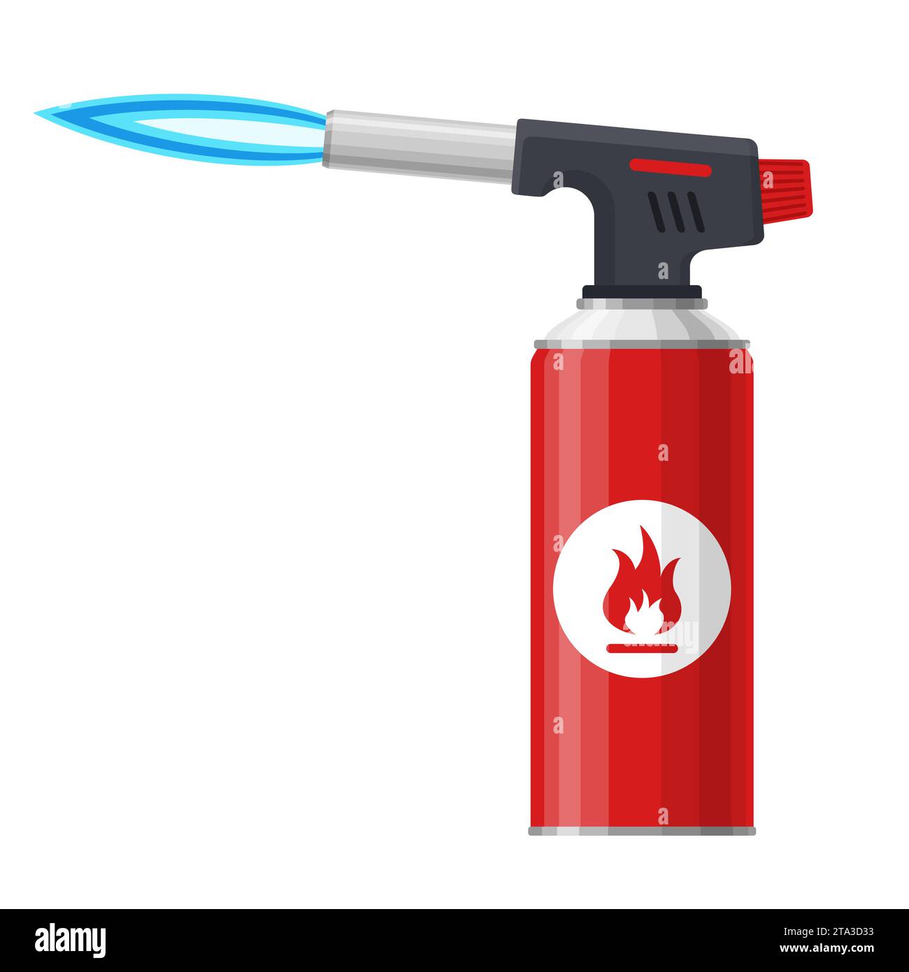 Torcia a flusso con fiamma blu isolata su sfondo bianco. Bruciatore manuale per cannello a gas, icona utensile per fiamma di saldatura. Illustrazione vettoriale. Illustrazione Vettoriale