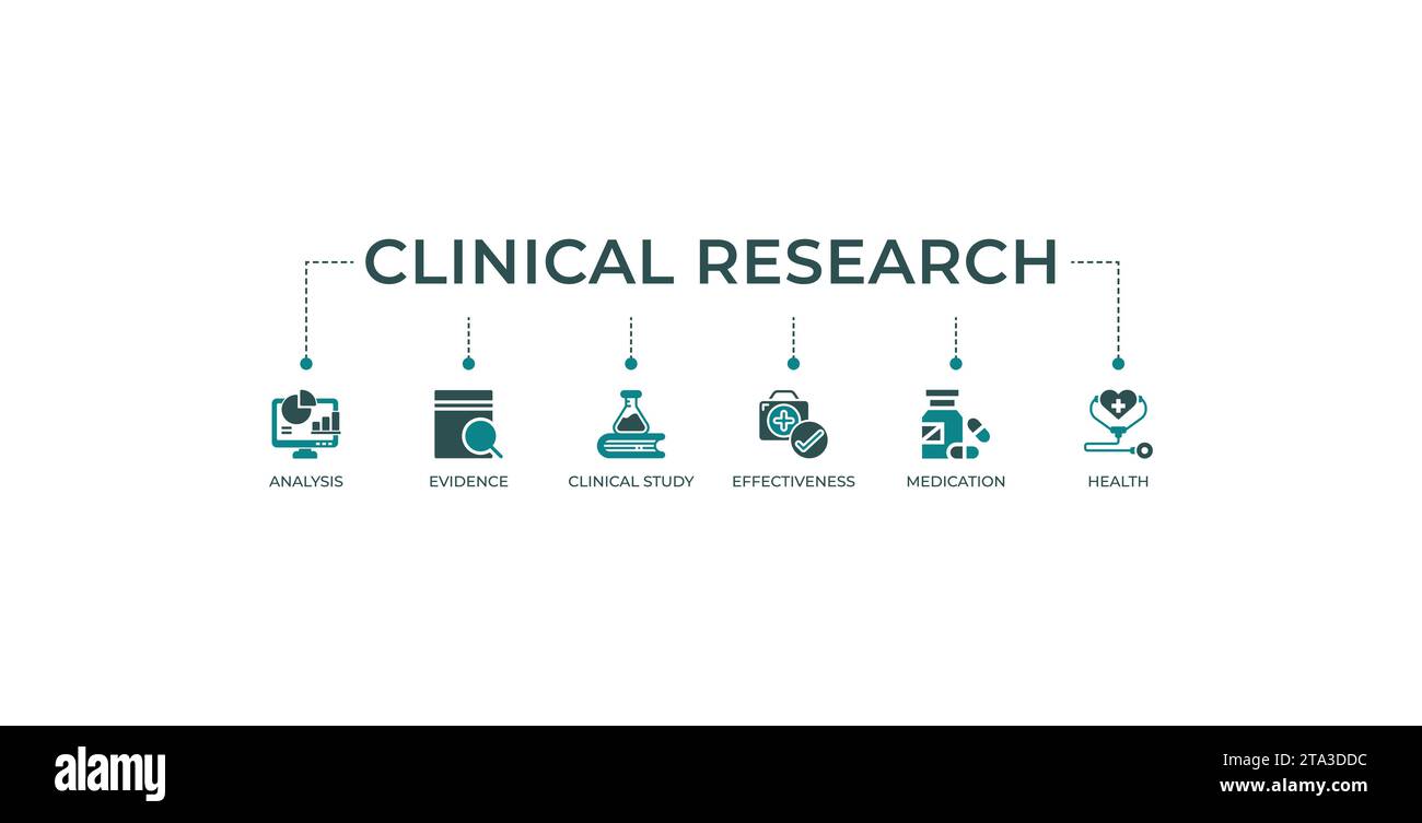 Banner di ricerca clinica icona web concetto di illustrazione vettoriale con icona di analisi, evidenza, studio clinico, efficacia, farmaci e salute. Illustrazione Vettoriale