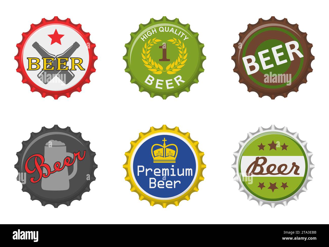 Tappi colorati per birra in bottiglia isolati su sfondo bianco. Etichette sotto forma di tappi in alluminio per bottiglie, icona dei tappi per bottiglie di birra. Illustrazione vettoriale. Illustrazione Vettoriale