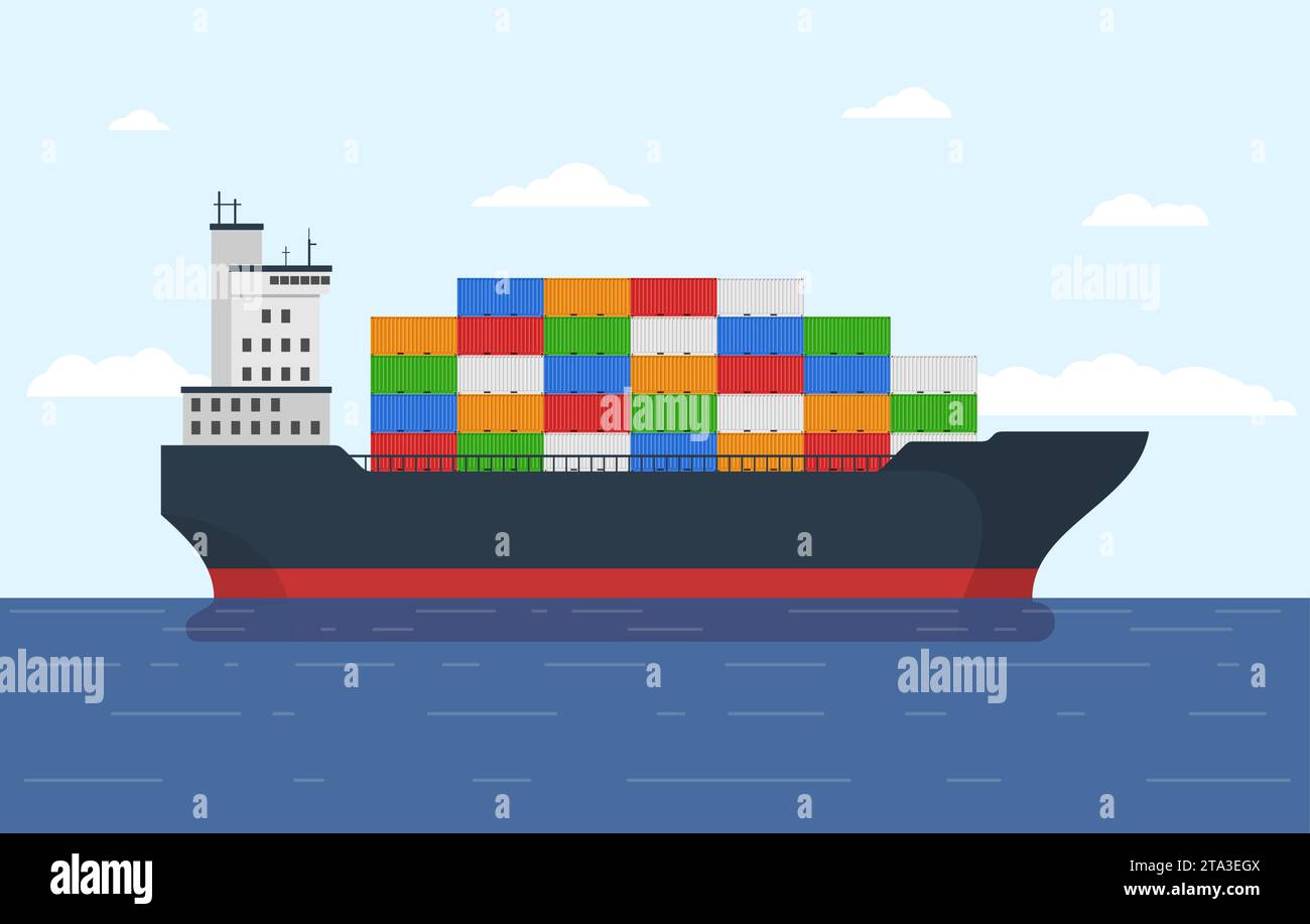 Nave da carico con container nell'oceano. Trasporto di merci con nave container caricata. Servizio logistico marittimo di importazione ed esportazione. Consegna internazionale Illustrazione Vettoriale Nave da carico con container nell'oceano. Trasporto di merci con nave container caricata. Servizio logistico marittimo di importazione ed esportazione. Consegna internazionale Illustrazione Vettoriale