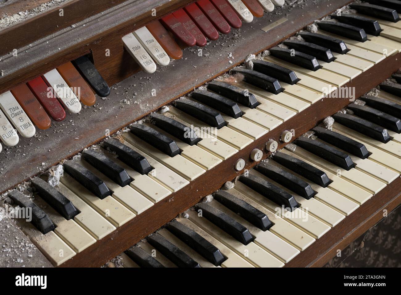 Primo piano della tastiera di un organo musicale polveroso nel tuberculosis Hospital (1908) dell'Indiana State Sanatorium di Rockville, Indiana Foto Stock