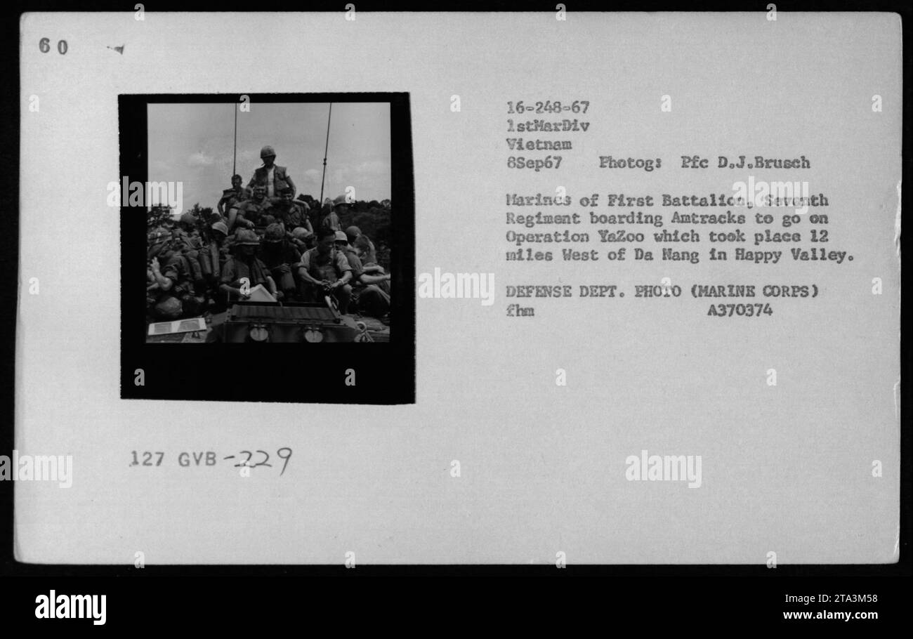 In questa foto, scattata l'8 settembre 1967 in Vietnam, i marines del primo battaglione, il Settimo Reggimento, sono visti salire a bordo di Amtracks per partecipare all'operazione Yazoo. L'operazione ebbe luogo 12 miglia ad ovest di da Nang nella Happy Valley. La foto è stata scattata da PFC D.J. Brusch ed è una foto del Dipartimento della difesa (corpo dei Marines). Foto Stock