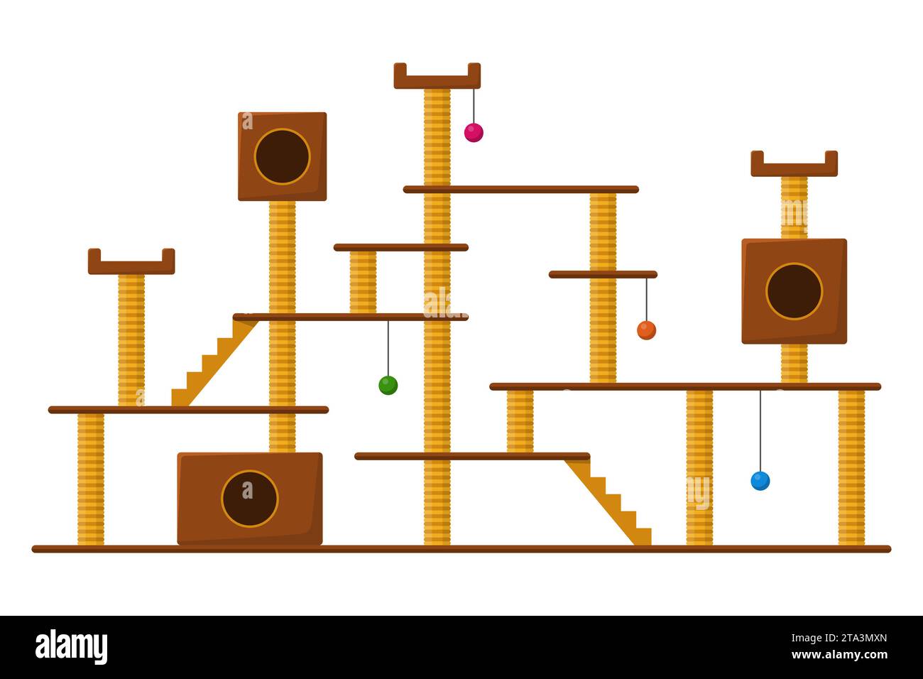 Torre Cat e palo da graffi isolati su sfondo bianco. Grande casa-complesso per gatti con ripari. Accessori per parchi giochi Cat Illustrazione Vettoriale