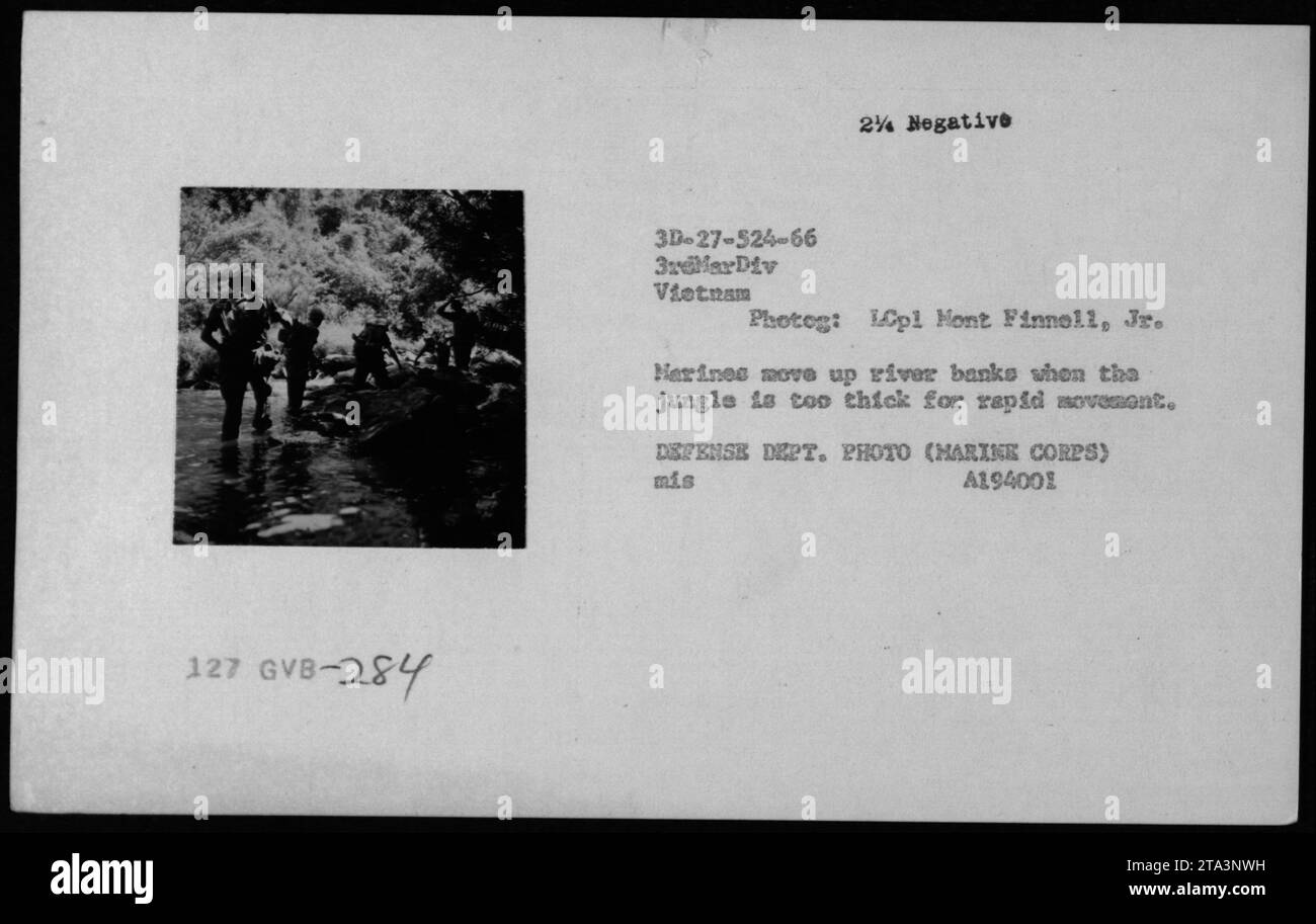 I Marines pattugliano le rive del fiume nella fitta giungla del Vietnam nel 1966, usando il fiume per movimenti più veloci, fotografato da LCpl Mont Finnell Jr. Foto Stock