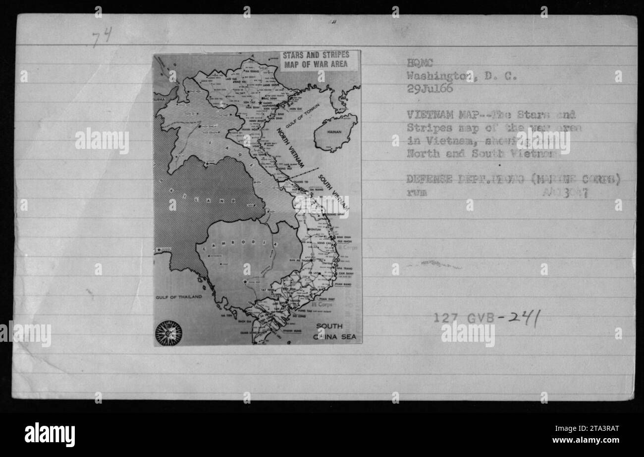 Una mappa del Vietnam che mostra l'area di guerra con il Vietnam del Nord e del Sud etichettati insieme al Golfo della Thailandia, al Golfo del Tonchino, al Mar Cinese meridionale e alla città di Hanan. La mappa è stata pubblicata dal giornale Stars and Stripes e può essere datata al 29 luglio 1966. Fornito dal Dipartimento della difesa. Foto Stock