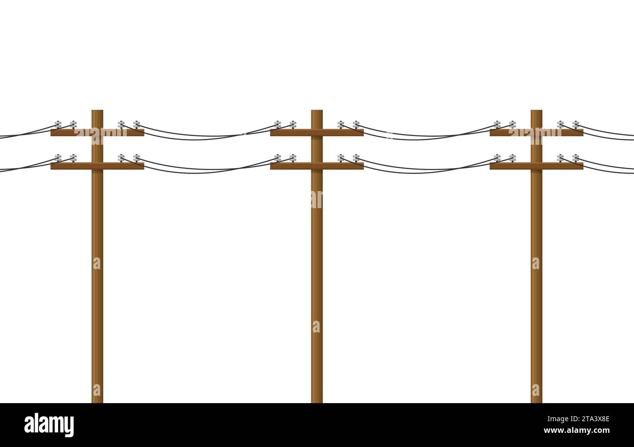 Polo elettrico isolato su sfondo bianco. Linee elettriche in legno, trasmissione di energia elettrica. Concetto di elettricità per palo di servizio. Fili ad alta tensione Illustrazione Vettoriale