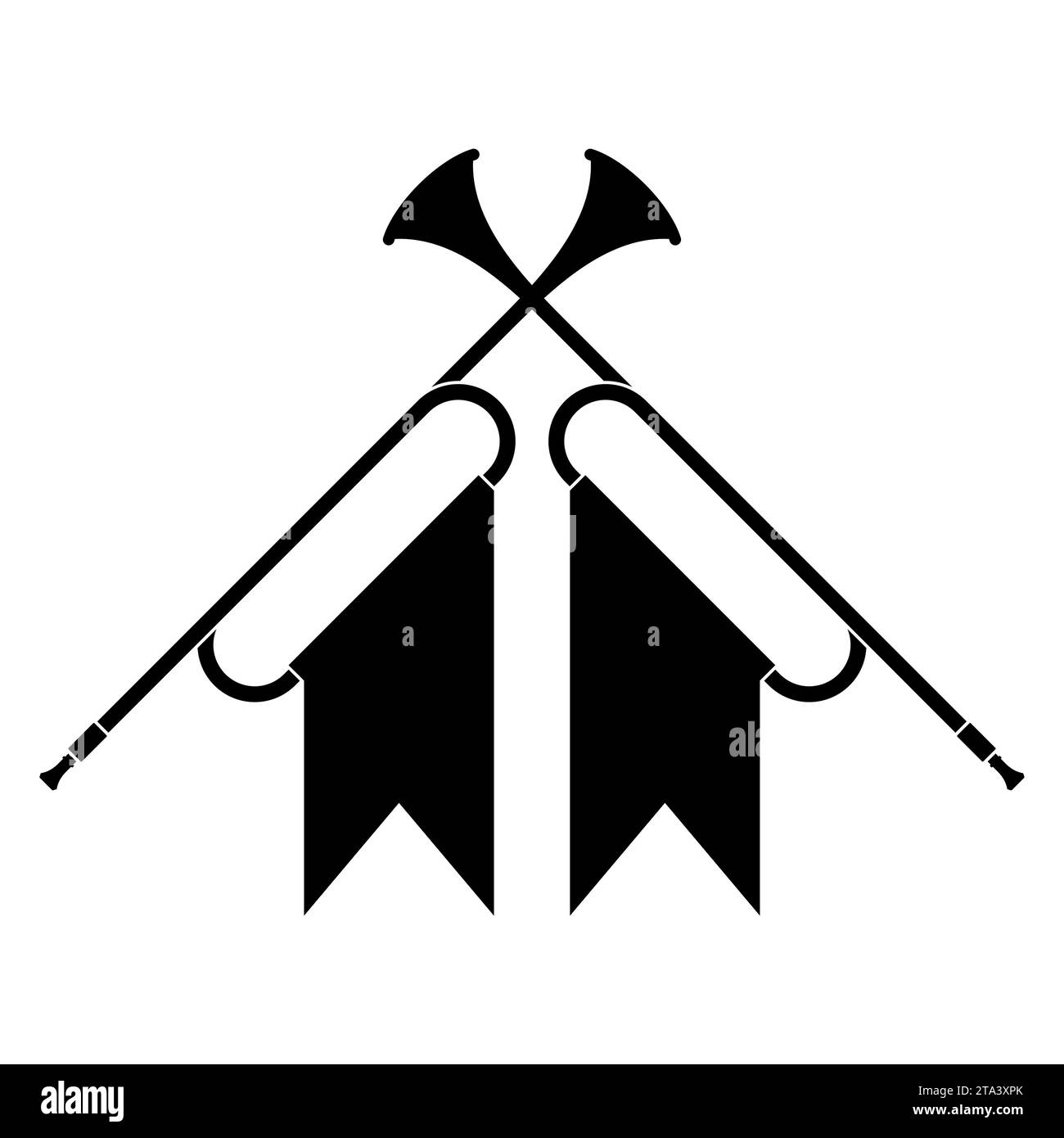 Icona trombe a corno strumento musicale isolato su sfondo bianco. Fanfara reale con bandiera trionfale per suonare musica. Illustrazione vettoriale. Illustrazione Vettoriale