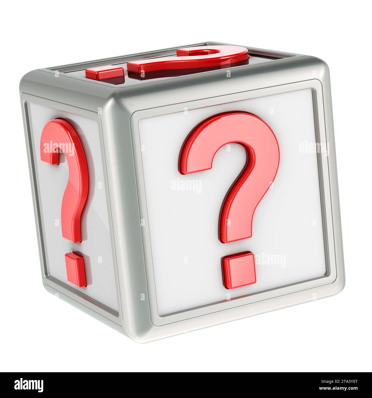 Cubo delle domande, scatola misteriosa. Rendering 3D isolato su sfondo bianco Foto Stock