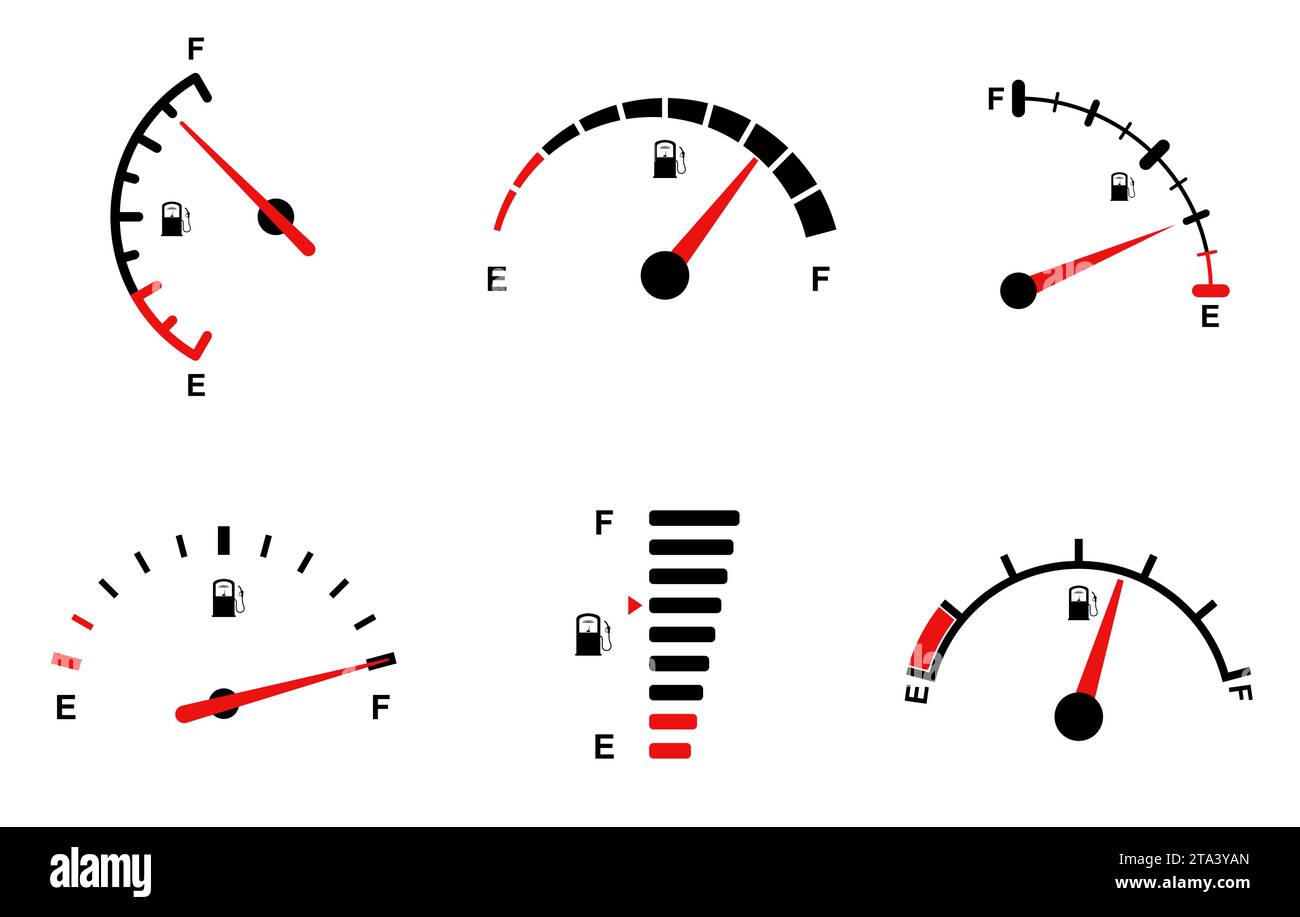 Indicatore carburante per il conteggio del livello di gas, benzina, benzina e diesel. Serie di icone delle scale dell'indicatore di livello del carburante. Indicatore per auto per la misurazione del consumo di carburante e del gas di controllo Illustrazione Vettoriale