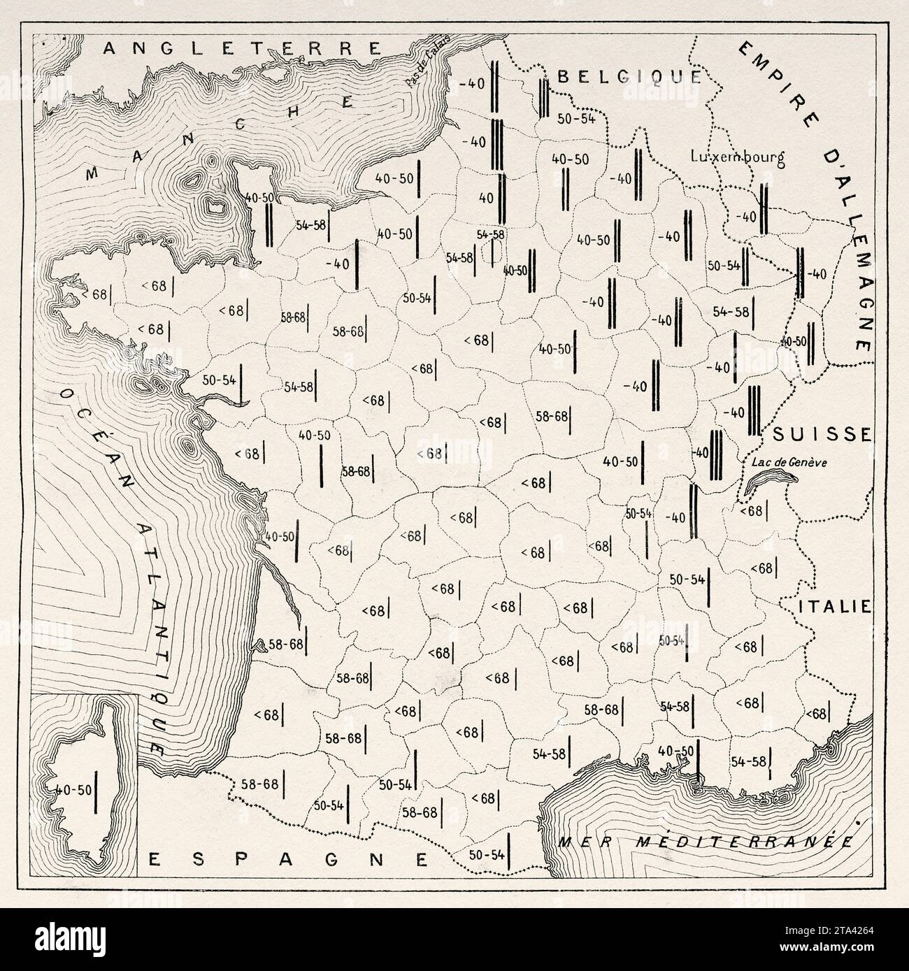 Mappa della distribuzione dell'altezza in Francia alla fine del XIX secolo. Vecchia illustrazione di la Nature 1887 Foto Stock