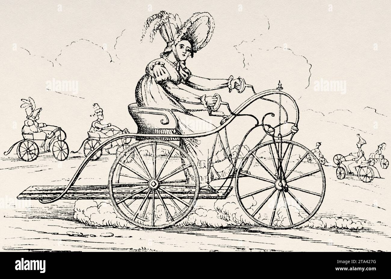 Bicicletta a tre ruote, l'hobby femminile, 1819. Vecchia illustrazione di la Nature 1887 Foto Stock