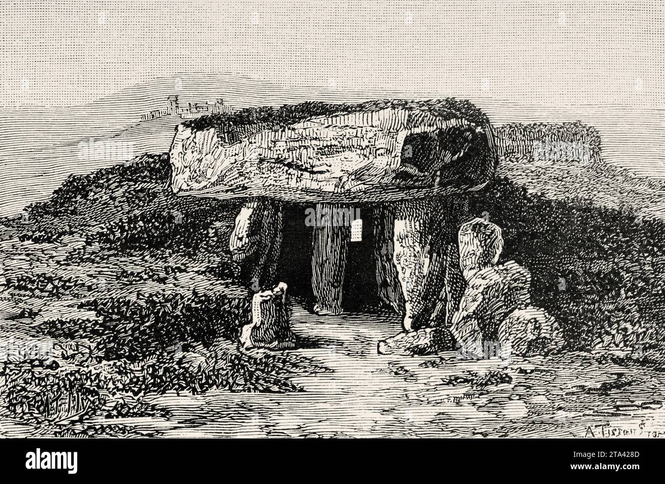 Dolmen megalitico di Menga, Antequera, sito patrimonio dell'umanità dell'UNESCO, provincia di Málaga, Andalusia, Spagna. Vecchia illustrazione di la Nature 1887 Foto Stock