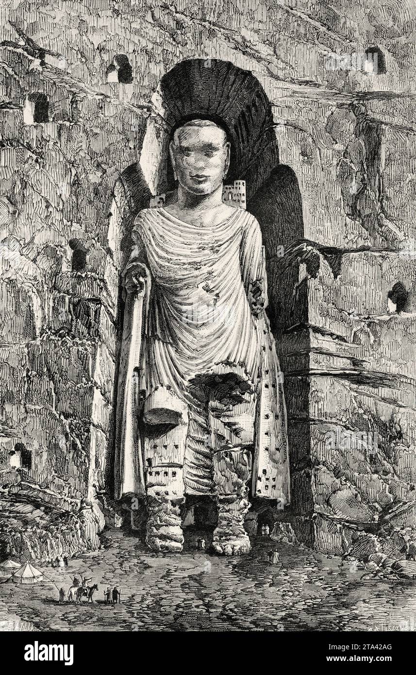 I Buddha di Bamiyan, statue monumentali del vi secolo scolpite sul fianco di una scogliera nella valle di Bamyan nell'Afghanistan centrale. Vecchia illustrazione di la Nature 1887 Foto Stock