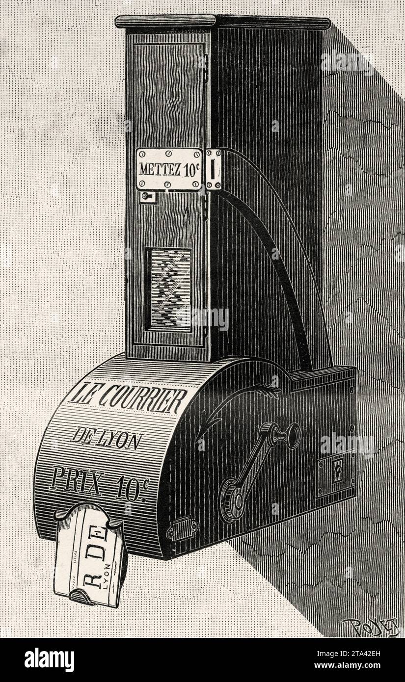 Distributore automatico di giornali modello costruito per il Courrier de Lyon, Francia. Vecchia illustrazione di Louis Poyet (1846-1913) da la Nature 1887 Foto Stock